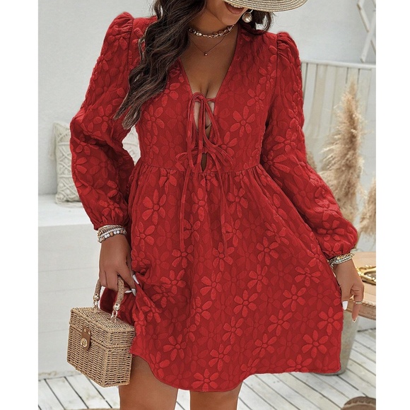 Plus Floral Print Lace Front Tie Puff Long Sleeve Dress - Picture 5 of 10
